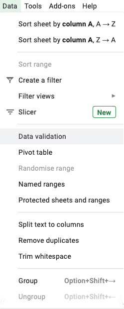 Google dividend spreadsheet data validation